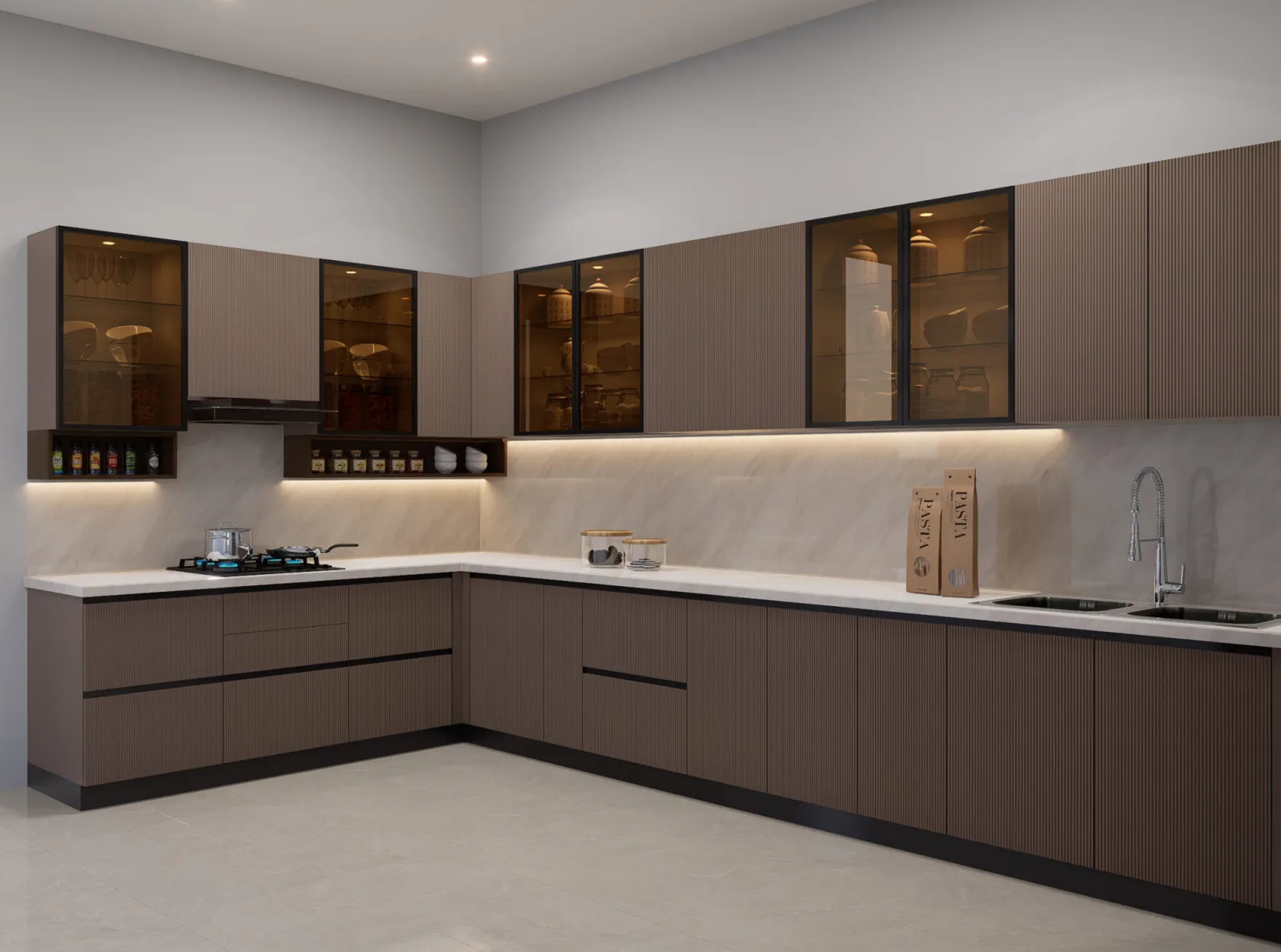 Walnut brown L-shaped modular kitchen design render